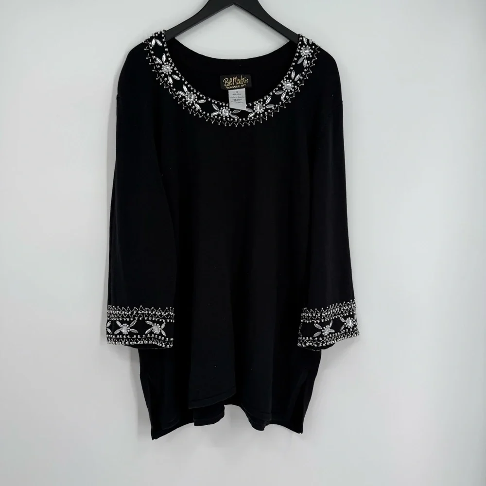 Bob Mackie Wearable Art Black Sweater Size 1X Pullover Beaded Neckline /cuffs